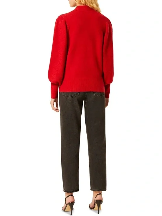 French Connection Sofia Balloon Sleeve Mock Neck Ribbed Knit Sweater Red Small - Picture 2 of 8